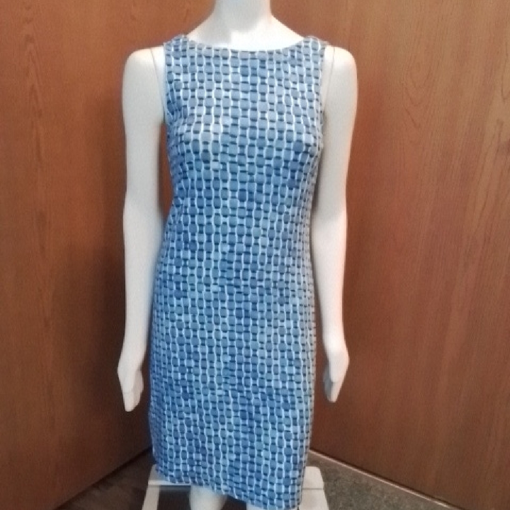 Tommy Bahama Sleeveless Blue Geometric Shift Dress, Tencel, Size M.